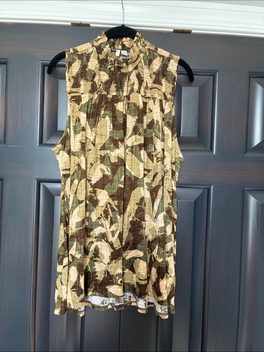 Sleeveless Mock Neck Tunic in Olive & Beige Camo